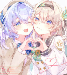 Rule 34 | 247 (nsn na7), 2girls, black hairband, black ribbon, blazer, blue hair, blush, bow, bowtie, brown hat, buttons, closed mouth, double-breasted, firefly (honkai: star rail), firefly (spring missive) (honkai: star rail), gradient eyes, green bow, green bowtie, green pupils, grey hair, grey sailor collar, hair between eyes, hair intakes, hair ornament, hair ribbon, hairband, hat, highres, honkai: star rail, honkai (series), jacket, long hair, long sleeves, multicolored eyes, multiple girls, open mouth, plaid bow, plaid bowtie, plaid clothes, ribbon, robin (honkai: star rail), sailor collar, smile, teeth, upper teeth only, white sleeves
