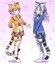 Rule 34 | 2girls, absurdres, animal ears, animal print, blue bow, blue bowtie, blue hair, blue jacket, blue skirt, blue thighhighs, boots, bow, bowtie, breast pocket, collared shirt, color switch, extra ears, forehead, garter straps, golden tabby tiger (kemono friends), gradient thighhighs, hair between eyes, highres, jacket, japari symbol, kemono friends, long hair, long sleeves, maltese tiger (kemono friends), multicolored hair, multiple girls, necktie, one eye closed, open clothes, open jacket, orange hair, orange jacket, orange necktie, orange skirt, orange thighhighs, plaid clothes, plaid skirt, plaid trim, pleated skirt, pocket, print necktie, print thighhighs, shinkaisoku, shirt, shoes, short hair, sidelocks, skirt, smile, tail, thighhighs, tiger ears, tiger girl, tiger print, tiger tail, white boots, white hair, white shirt, white shoes, white thighhighs, yellow eyes, zettai ryouiki