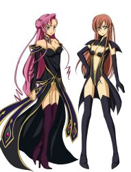 2girls breasts britannian_uniform cleavage code_geass dress euphemia_li_britannia evil_smile green_eyes high_heels highres multiple_girls orange_hair pink_hair purple_eyes revealing_clothes shirley_fenette smile thighs