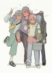 &gt;_&lt; 37l53 4boys amagi_rinne annoyed arm_on_another&#039;s_shoulder arm_up backpack bag beanie black_pants blue_hair capri_pants character_age coat collar_tug crazy_b_(ensemble_stars!) denim ensemble_stars! full_body green_bag green_pants grey_hair grey_hat grey_pants hand_up hat himeru_(ensemble_stars!) holding holding_bag hood hood_down hoodie jacket jeans jitome kicking knee_up layered_sleeves long_sleeves male_focus multiple_boys open_mouth oukawa_kohaku pants pink_hair plaid_clothes plaid_pants plaid_shirt plastic_bag purple_hoodie red_hair sandals shaded_face shiina_niki shirt shoes short_over_long_sleeves short_sleeves side-by-side simple_background sleeves_past_wrists sneakers socks standing standing_on_one_leg sweat tongue tongue_out untucked_shirt v v-shaped_eyebrows white_background white_shirt white_socks