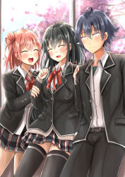 1boy 2girls against_window ahoge ayachanman black_hair black_jacket black_pants black_thighhighs blazer blush closed_eyes closed_mouth collared_shirt commentary_request from_inside grabbing_another&#039;s_arm hair_bun hair_ribbon hands_in_pocket highres hikigaya_hachiman jacket long_hair long_sleeves miniskirt multiple_girls neck_ribbon open_mouth orange_hair pants petals plaid_clothes plaid_skirt pleated_skirt red_ribbon ribbon school_uniform shirt short_hair single_hair_bun single_side_bun skirt smile sobu_high_school_uniform standing thighhighs white_shirt window winter_uniform yahari_ore_no_seishun_lovecome_wa_machigatteiru. yuigahama_yui yukinoshita_yukino zettai_ryouiki