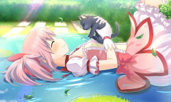 1girl ^_^ amy_(madoka_magica) animal artist_request baby_animal black_cat blue_sky bow bow_choker bubble_skirt bush cat center_frills chest_jewel choker closed_eyes closed_mouth cloud cowboy_shot day dress frilled_dress frilled_skirt frilled_sleeves frills from_side game_cg gem gloves hair_bow happy happy_tears holding holding_animal holding_cat kaname_madoka kitten knees_up leaf light_blush light_particles light_rays lying magia_record:_mahou_shoujo_madoka_magica_gaiden magical_girl mahou_shoujo_madoka_magica miniskirt official_art on_back on_grass outdoors pink_bow pink_dress pink_gemstone pink_hair puddle puffy_short_sleeves puffy_sleeves red_choker ripples short_dress short_hair short_sleeves short_twintails skirt skirt_under_dress sky smile solo sunlight tearing_up tears twintails waist_bow white_gloves white_skirt white_sleeves
