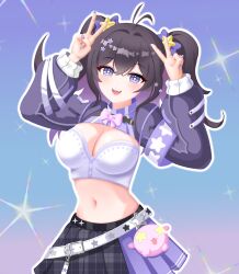 1girl absurdres antenna_hair armband arms_up belt black_hair black_skirt blue_eyes breasts cleavage colored_inner_hair cowboy_shot crop_top double_v fang hair_ornament hanavi highres large_breasts long_hair long_sleeves looking_at_viewer midriff multicolored_hair navel open_mouth owllo_(whaledragon0827) plaid_clothes plaid_skirt purple_hair purple_shrug shirt skirt smile solo star-shaped_pupils star_(symbol) star_hair_ornament stomach symbol-shaped_pupils two_side_up v virtual_youtuber white_shirt yumeno_mirai_(hanavi)
