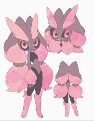 1girl alternate_color animal_ears animal_hands black_sclera body_fur brown_fur colored_sclera full_body furry furry_female gen_4_pokemon highres looking_at_viewer lopunny masayo_(skip) mega_lopunny mega_pokemon nintendo pantyhose pink_eyes pink_fur pokemon pokemon_(creature) rabbit_ears rabbit_girl rabbit_tail shiny_pokemon simple_background smile solo standing tail tongue tongue_out white_background