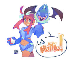 1girl blue_eyes blue_gloves blue_jacket blue_shorts commentary_request crop_top dark-skinned_female dark_skin english_text gen_5_pokemon gloves holding holding_poke_ball jacket long_sidelocks looking_at_viewer navel nintendo pb_lauro poke_ball poke_ball_(basic) pokemon pokemon_(creature) pokemon_bw red_hair short_shorts shorts sidelocks simple_background skyla_(pokemon) speech_bubble swoobat white_background
