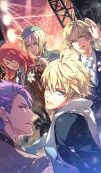 5boys ahoge aqua_necktie argyle_clothes argyle_necktie arthur_pendragon_(fate) bedivere_(fate) beret black_gloves black_jacket black_necktie black_suit blonde_hair blue_jacket blue_necktie blue_scarf blue_suit boutonniere closed_eyes closed_mouth collared_shirt commentary concert dark-skinned_male dark_skin dutch_angle fate/grand_order fate_(series) flower formal_clothes gawain_(fate) gloves glowstick gradient_scarf green_eyes grey_hat grey_jacket grey_suit hair_between_eyes hat jacket knights_of_the_round_table_(fate) lancelot_(fate/grand_order) light_particles light_rays lily_(flower) long_hair looking_at_viewer male_focus multiple_boys necktie official_alternate_costume official_art parted_lips penlight_(glowstick) pinstripe_pattern pinstripe_shirt purple_eyes purple_hair red_hair red_jacket red_suit scarf shirt short_hair sidelocks smile striped_clothes striped_jacket suit third-party_source tristan_(fate) truss upper_body usuba_kagero_(initiative) vertical-striped_clothes vertical-striped_jacket vertical-striped_suit white_flower white_lily white_necktie white_scarf white_shirt