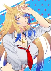 Rule 34 | 1girl, absurdres, animal ears, blonde hair, blue eyes, blue hair, breasts, collared shirt, front-tie top, gradient hair, half-closed eyes, hand on own head, highres, horse ears, horse girl, jewelry, large breasts, long hair, looking at viewer, midriff, multicolored hair, necklace, necktie, obey your master (umamusume), red necktie, shirt, sleeves rolled up, solo, star-shaped pupils, star (symbol), star necklace, symbol-shaped pupils, tira (tira e), umamusume, umamusume: cinderella gray, upper body, very long hair, white shirt, yellow nails