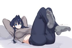 1girl absurdres arms_up ass black_hair blue_eyes blue_pants braid commentary crossed_ankles english_commentary feet foot_focus grey_shirt grey_socks hair_intakes highres hololive hololive_english koizumi_arata low_twin_braids lying no_shoes on_back ouro_kronii pants shirt socks soles solo toes twin_braids virtual_youtuber white_background