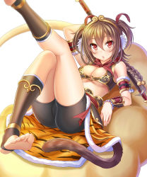 1girl absurdres animal_print arm_behind_head arm_up bad_id bad_pixiv_id barefoot bell bike_shorts blush braid breasts brown_hair cleavage cloud feet female_focus genderswap genderswap_(mtf) hair_between_eyes highres jingle_bell journey_to_the_west leg_up looking_at_viewer monkey_tail no_shoes noboru_(ohayochan) o-ring o-ring_top open_mouth original polearm red_eyes sitting solo stirrup_legwear sun_wukong tail tiger_print toeless_legwear toes underboob weapon