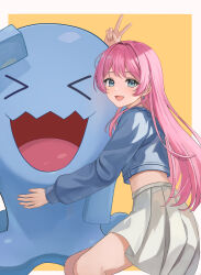 1girl :d absurdres arm_up bang_dream! bang_dream!_it&#039;s_mygo!!!!! blue_eyes blue_jacket border cherng chihaya_anon chinese_commentary commentary cowboy_shot crossover earrings fang fingernails from_side gen_2_pokemon grey_skirt highres hug jacket jewelry long_hair long_sleeves looking_at_viewer looking_to_the_side midriff miniskirt nintendo open_mouth outside_border pink_hair pleated_skirt pokemon pokemon_(creature) simple_background skirt smile translated white_border wobbuffet yellow_background