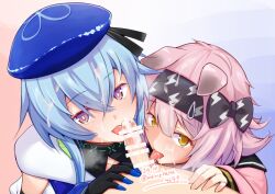 1girl 2boys animal_ears arknights artist_name bar_censor bisexual_male black_bow black_collar black_gloves black_hairband black_ribbon blue_background blue_hair blue_hat bow boy_and_girl_sandwich breath bright_pupils cat_ears cat_girl censored clothed_female_nude_male clothed_male_nude_male clothed_sex collar commentary_request cooperative_fellatio creator_connection crossed_bangs cum cum_on_body cum_on_hair cum_on_penis dated erection facial fellatio floppy_ears from_above gloves goldenglow_(arknights) gradient_background group_sex hair_between_eyes hair_bow hairband hat hat_ribbon infection_monitor_(arknights) licking licking_penis lightning_bolt_print lightning_bolt_symbol long_sleeves looking_at_viewer marianne_hanako mizuki_(arknights) mmf_threesome multiple_boys nude oral penis pink_background pov pov_crotch print_bow print_hairband purple_eyes ribbon saliva saliva_trail sandwiched short_hair_with_long_locks teamwork_(sexual) threesome tongue tongue_out trap twitter_username variant_set white_pupils yellow_eyes