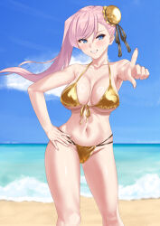 1girl bare_shoulders beach bikini blue_eyes blue_sky blush breasts bun_cover cleavage collarbone fate/grand_order fate_(series) gold_bikini grin hair_bun hair_ribbon highres large_breasts long_hair looking_at_viewer miyamoto_musashi_(fate) miyamoto_musashi_(fate/grand_order) miyamoto_musashi_(swimsuit_berserker)_(fate) pink_hair pointing pointing_at_viewer ribbon ryouya shore single_side_bun sky smile solo swept_bangs swimsuit thighs