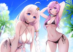 Rule 34 | 2girls, :o, absurdres, ahoge, armpits, arms behind head, bare shoulders, bent over, bikini, black bikini, black choker, blue eyes, blue sky, blush, braid, breasts, choker, cleavage, cowlick, criss-cross halter, criss-cross straps, hair ornament, halterneck, highres, kizuna akari, large breasts, low twin braids, multiple girls, navel, palm tree, presenting armpit, purple eyes, purple hair, shiraiwa usagi, short hair with long locks, side-tie bikini bottom, sky, small breasts, smile, stomach, swimsuit, tree, twin braids, voiceroid, white bikini, white hair, yuzuki yukari