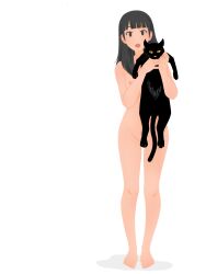 :o afunai animal black_cat black_hair breasts cat completely_nude covering_privates highres hirokouji_ayano_(afunai) holding holding_animal holding_cat long_hair looking_at_viewer nipples nude nude_cover original pubic_hair simple_background standing