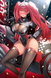 1girl absurdres black_gloves black_jacket black_thighhighs breasts character_request checkered_headband commission copyright_request gawawawa glasses gloves highres jacket large_breasts leotard long_hair looking_at_viewer motor_vehicle motorcycle one_eye_closed race_queen red_eyes red_hair solo thighhighs twintails