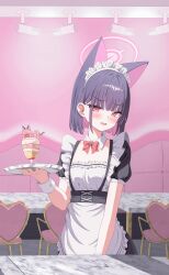 1girl absurdres alternate_costume animal_ears apron black_dress black_hair blue_archive blunt_bangs blush bow bowtie cat_ears cat_girl colored_inner_animal_ears colored_inner_hair detached_collar dress erierica_(erica) extra_ears food hairband highres holding holding_tray kazusa_(blue_archive) maid maid_apron maid_headdress multicolored_hair open_mouth parfait pink_eyes pink_hair red_bow red_bowtie short_hair short_sleeves sidelocks tray white_apron white_hairband wrist_cuffs
