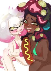 Rule 34 | 2girls, bikini, blush, breasts, dark-skinned female, dark skin, flat chest, highres, hot dog, idlecum, inkling, large breasts, marina (splatoon), micro bikini, multiple girls, naughty face, nintendo, octoling, pearl (splatoon), penis hot dog, pov, splatoon (series), splatoon 2, swimsuit, tagme, tentacle hair