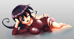1girl :d barefoot breasts dokkan_hiloki dress duel_masters full_body highres large_breasts long_hair looking_at_viewer one_eye_closed open_mouth pouch short_dress simple_background skirt sleeveless smile solo tasogare_mimi thigh_pouch