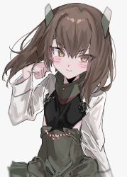 1girl aogisa blush brown_eyes brown_hair commentary grey_background grey_skirt hair_between_eyes hand_in_own_hair headband headgear highres kantai_collection long_sleeves looking_at_viewer simple_background skirt smile solo taihou_(kancolle)