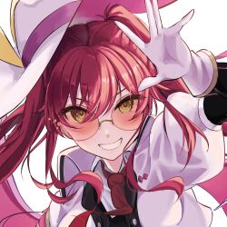 1girl close-up duel_monster evil_twin_ki-sikil gloves green_eyes hat highres jacket ki-sikil_(yu-gi-oh!) long_hair necktie pink_hat pink_jacket puyo4996 red-tinted_eyewear red_hair red_necktie simple_background solo tinted_eyewear twintails white_background white_gloves yu-gi-oh!