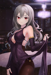 1girl alternate_hairstyle bare_shoulders black_dress black_pantyhose black_sleeves breasts cleavage cleavage_cutout clothes_lift clothing_cutout commentary_request covered_navel detached_sleeves dress dress_lift hair_between_eyes hair_down highres idolmaster idolmaster_cinderella_girls kanzaki_ranko large_breasts light_blush long_hair looking_at_viewer nail_polish pantyhose pink_nails raurashun red_eyes smile solo wavy_hair