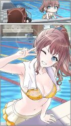 2girls bad_tag bang_dream! bare_shoulders bikini bikini_skirt breasts brown_hair camera chibi cleavage collarbone hair_ornament highres holding holding_camera izami_md looking_at_viewer medium_breasts multiple_girls navel one_eye_closed ponytail pool poolside skirt smile star_(symbol) star_hair_ornament swimsuit towel towel_around_neck toyama_kasumi v water water_drop wet yamabuki_saya yellow_bikini