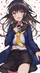 Rule 34 | 1girl, :d, ahoge, black hair, black sailor collar, black skirt, blue jacket, blush, cowboy shot, female focus, hair between eyes, highres, jacket, kantai collection, long hair, long sleeves, mikazuki (kancolle), natsu narumi, neckerchief, open mouth, original remodel (kantai collection), sailor collar, school uniform, serafuku, skirt, smile, solo, yellow eyes, yellow neckerchief