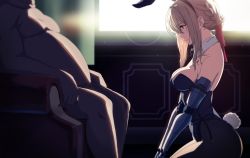 1boy 1girl alternate_costume amputee animal_ears armchair armless_amputee black_leotard blonde_hair blue_eyes blush braid breasts chair cleavage completely_nude detached_collar fake_animal_ears fake_tail fat fat_man from_side gloves head_out_of_frame highres indoors kneeling large_breasts leotard long_hair mechanical_arms nude pantyhose playboy_bunny profile rabbit_ears rabbit_tail sando_(dukedevil) sidelocks sitting tail violet_evergarden violet_evergarden_(series)