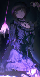 1girl absurdres aqua_pupils blood brown_hair cowboy_shot dress gootai hand_up highres k.o._3an_guo looking_at_viewer open_mouth puppet_strings purple_dress purple_eyes short_hair single_tear sitting solo sun_shang_xiang_(k.o._3an_guo)