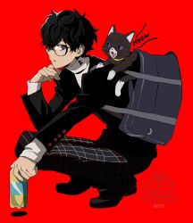 1boy amamiya_ren bag betti_(xx_betti) black_cat black_eyes black_hair black_jacket black_pants black_shoes bottle cat checkered_clothes checkered_pants collared_shirt full_body glasses highres holding holding_bottle jacket juliet_sleeves long_sleeves looking_at_viewer male_focus morgana_(cat)_(persona_5) morgana_(persona_5) pants persona persona_5 puffy_sleeves red_background school_bag semi-rimless_eyewear shirt shoes short_hair shoulder_bag sideways_glance simple_background squatting