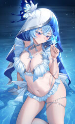 1girl absurdres adapted_costume arm_support bare_legs bikini blue_bikini blue_butterfly blue_hair blue_veil blush breasts bug butterfly butterfly_on_hand closed_mouth colored_eyelashes commentary commentary_request covered_navel hair_between_eyes hand_up highres insect large_breasts legs long_hair looking_at_animal lunacle paid_reward_available partial_commentary purple_eyes shorekeeper_(wuthering_waves) sitting skindentation smile solo swimsuit symbol-only_commentary two-tone_veil veil water white_veil wuthering_waves