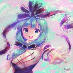 Rule 34 | 1girl, :d, amo (shibu3), aqua background, armpits, blush, breasts, collar, detached collar, dress, frilled collar, frilled ribbon, frills, front ponytail, green eyes, green hair, highres, kagiyama hina, large breasts, open mouth, pink background, reaching, reaching towards viewer, red dress, red ribbon, ribbon, smile, solo, teeth, touhou, two-tone background, underboob, upper body, upper teeth only