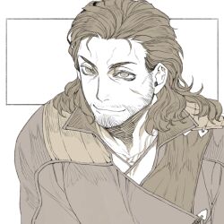 Rule 34 | 1boy, baldur&#039;s gate, beard, beard stubble, brown hair, brown jacket, closed mouth, dungeons & dragons, dungeons &amp; dragons, facial hair, gale (baldur&#039;s gate), hair slicked back, hiryuu (kugelcruor), jacket, male focus, mature male, medium hair, portrait, smile, solo, stubble, upper body, wavy hair, white background