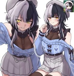 1girl absurdres alternate_costume belt beret black_belt black_bow black_bowtie black_hair black_nails black_shirt black_thighhighs blue_sweater blush bow bowtie breasts closed_mouth commentary fingernails grey_hair grey_hat grey_skirt grin hand_up hat heart highres hololive hololive_english large_breasts long_hair long_sleeves looking_at_viewer multicolored_hair multiple_views nail_polish off-shoulder_sweater off_shoulder pleated_skirt reference_inset rinny_rin2 shiori_novella shirt simple_background sitting skirt smile split-color_hair sweater thighhighs two-tone_hair virtual_youtuber white_background yellow_eyes