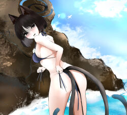 1girl absurdres animal_ears back bikini black_eyes black_hair blue_archive blue_bikini blue_halo blue_tail cat_ears cat_girl cat_tail colored_inner_animal_ears gradient_tail halo highres hoshirapu kikyou_(blue_archive) kikyou_(swimsuit)_(blue_archive) layered_bikini medium_hair multi-strapped_bikini_bottom multiple_tails official_alternate_costume solo swimsuit tail two_tails
