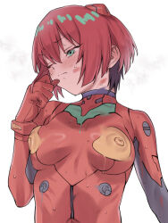 1girl amate_yuzuriha aqua_eyes bodypaint breasts commentary cosplay gundam gundam_gquuuuuux interface_headset_(evangelion) kouya_toufu naked_paint neon_genesis_evangelion nipples painted_clothes red_hair short_hair simple_background solo souryuu_asuka_langley souryuu_asuka_langley_(cosplay) white_background