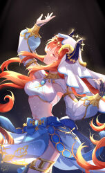 1girl arm_up blue_gemstone breasts bridal_gauntlets closed_eyes closed_mouth dancer dancing fake_horns gem genshin_impact gold_thighlet harem_outfit highres horns jewelry long_hair long_sleeves medium_breasts milky_ice navel nilou_(genshin_impact) red_hair stage stomach veil white_veil