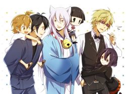 Rule 34 | 10s, 3boys, 3girls, animal ears, awakusu akane, bad id, bad pixiv id, barakamon, bell, black hair, blonde hair, blunt bangs, bob cut, bow, bowtie, brown eyes, brown hair, carrying, crossover, durarara!!, fox ears, green eyes, gugure! kokkuri-san, hanakan, handa seishuu, heiwajima shizuo, hime cut, ichimatsu kohina, kokkuri-san (gugukoku), kotoishi naru, long hair, multiple boys, multiple crossover, multiple girls, ono daisuke, short hair, side ponytail, silver hair, smile, sunglasses, vest, voice actor connection, yellow eyes