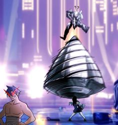 adam_smasher blue_hair creator_connection crossover cyberpunk_(series) cyberpunk_2077 cyberpunk_edgerunners drill giga_drill_break good_end highres jacket kamina_(ttgl) kamina_shades maohanabi open_clothes open_jacket oversized_limbs pale_skin parody rebecca_(cyberpunk) tengen_toppa_gurren_lagann twintails