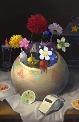 absurdres black_eyes black_skin blue_eyes blue_flower blue_pikmin blue_skin candle carnation closed_eyes colored_skin commentary creature creature_focus english_commentary fire flower flower_pot hand_on_own_cheek hand_on_own_face hands_on_own_cheeks hands_on_own_face highres indoors lily_(flower) nintendo no_humans no_mouth pikmin_(creature) pikmin_(series) pikmin_bloom pink_flower pink_skin pointy_ears pointy_nose purple_flower purple_hair purple_pikmin purple_skin red_eyes red_flower red_pikmin red_skin rock rock_pikmin shadow shhocha short_hair solid_circle_eyes squirrel star_(symbol) sticker table tablecloth triangle_mouth very_short_hair whistle white_flower white_pikmin white_skin winged_pikmin yellow_flower yellow_pikmin yellow_skin