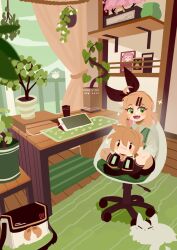 1girl :d ahoge alternate_costume bag bird black_bow black_sleeves black_socks blonde_hair blush bow cable carpet cat chair character_doll charging_device cherry_blossoms closed_eyes closed_mouth commentary cup curtains detached_ahoge detached_sleeves doll earrings fang flower_pot green_eyes green_vest grey_shirt hair_bow hair_ornament hairclip highres holding holding_stuffed_toy indian_style indoors ipad jewelry kagamine_len kagamine_rin kneehighs looking_at_viewer medium_hair megurine_luka no_lineart office_chair on_chair open_mouth pet photo_(object) picture_frame plant potted_plant projecttiger shirt short_hair sitting skin_fang smile socks solo_focus star_(symbol) stuffed_toy swept_bangs swivel_chair symbol-only_commentary tablet_pc takoluka tongue v-shaped_eyebrows vest vocaloid white_bird white_cat wide_shot wooden_floor