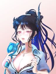 1girl asymmetrical_horns black_bra black_hair black_horns blue_hair bra breasts cleavage gradient_background handheld_electric_fan high_ponytail highres hololive hololive_english horns lace lace_bra large_breasts mole mole_under_eye molekingy multicolored_hair nerissa_ravencroft ponytail purple_eyes simple_background solo two-tone_hair underwear uneven_horns upper_body virtual_youtuber