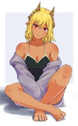 1girl bare_legs bare_shoulders barefoot between_legs blonde_hair breasts cleavage collarbone crossed_legs dark-skinned_female dark_skin demon_girl demon_horns fang feet foreshortening grey_background grey_jacket hand_between_legs highres horns jacket kuroyama_mary medium_breasts nail_polish neko_040 off_shoulder on_floor orange_eyes original pink_nails pointy_ears shadow shiny_skin skin_fang slit_pupils smile solo toenail_polish toenails two-tone_background white_background white_trim wiggling_toes