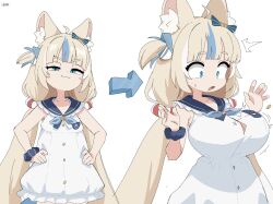 1girl :3 ahoge animal_ear_fluff animal_ears armpits arrow_(symbol) artist_name blonde_hair blue_bow blue_eyes blue_hair blue_neckerchief blue_sailor_collar blue_scrunchie blunt_bangs bow bra_strap breast_expansion breasts cat_ears cleavage closed_mouth collarbone commentary cowboy_shot dot_nose dress english_commentary fins fish_tail flat_chest frilled_sailor_collar frills fruithead hair_bow hands_on_own_hips hands_up highres indie_virtual_youtuber innertube_hair_ornament large_breasts long_hair looking_at_viewer low_twintails multicolored_hair neckerchief open_mouth paper_boat sailor_collar sameko_saba scrunchie sidelocks simple_background sleeveless sleeveless_dress smug solo standing straight_hair streaked_hair surprised sweatdrop tail twintails two-tone_hair v-shaped_eyebrows very_long_hair w_arms wardrobe_malfunction white_background white_dress wrist_scrunchie