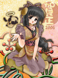 00s 1girl 2006 animal animal_ears ankle_boots black_hair boots bow brown_eyes choker dated dog dog_ears dog_tail female_focus full_body hair_bow hair_ornament hair_ribbon kurokuroshizuka long_hair new_year open_\m/ original ponytail ribbon sitting solo straight_hair tail very_long_hair wariza