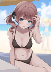 2girls :d absurdres arm_at_side arm_support asymmetrical_sidelocks bare_arms bare_shoulders beach beach_umbrella bikini black_bikini black_scrunchie blue_eyes blunt_bangs blurry blurry_background blush breasts brown_hair cleavage collarbone commentary cowboy_shot day depth_of_field hair_ornament hair_scrunchie hand_up highres kunizaki looking_at_viewer medium_breasts medium_hair mochizuki_honami multiple_girls navel ocean open_mouth outdoors project_sekai sand scrunchie side_ponytail sidelocks sitting sky smile solo_focus stomach swimsuit tenma_saki thighs umbrella