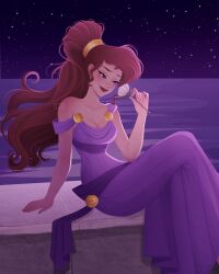 Rule 34 | 1girl, ancient greek clothes, animification, brown hair, dress, eyeshadow, greco-roman clothes, hercules (1997 film), highres, long hair, looking at flowers, makeup, megara (disney), ponytail, purple dress, purple eyes, purple eyeshadow, sleeveless, smile, solo, vivianvalenart