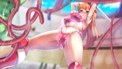 1girl armor armpits arms_up bikini bikini_armor blush boots breasts caron_(rall) commentary_request commission cream_lemon defeat fighting_stance from_below gluteal_fold green_eyes highres knee_boots large_breasts legs_apart long_hair monster navel orange_hair pixiv_commission ponytail pussy_juice red_bikini red_boots sf_choujigen_densetsu_rall slime_(substance) stomach swimsuit sword tentacles thighs vambraces warabe_(waraghi) weapon