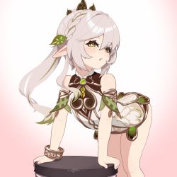 1girl absurdres arched_back bare_shoulders bad_tag blush bracelet braid breasts cape cromachina crown_braid detached_sleeves dress genshin_impact gradient_hair green_cape green_eyes green_hair hair_ornament highres jewelry leaf_hair_ornament leaning_forward loli long_hair looking_at_viewer multicolored_hair nahida_(genshin_impact) open_mouth pointy_ears bad_tag side_ponytail sidelocks sleeveless sleeveless_dress small_breasts solo symbol-shaped_pupils thighs white_dress white_hair