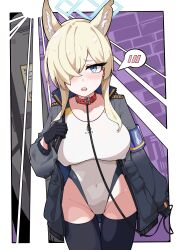 1girl absurdres animal_ear_fluff animal_ears armband black_gloves black_jacket black_thighhighs blue_archive blue_armband blue_eyes blue_halo blush breasts collar covered_navel cowboy_shot dog_ears gloves hair_over_one_eye halo highres jacket kanna_(blue_archive) kanna_(swimsuit)_(blue_archive) large_breasts leash long_hair long_sleeves looking_at_viewer nakirikea one-piece_swimsuit open_clothes open_jacket open_mouth solo spoken_blush swimsuit thigh_gap thighhighs white_one-piece_swimsuit